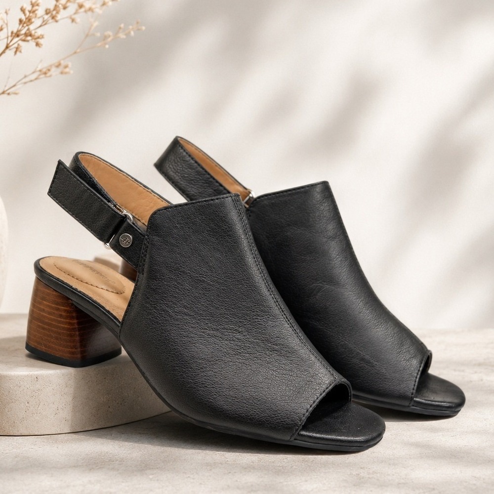 Hush Puppies Leather‎ Sandals Womens 6.5M Black Slingback Block Heel Open Toe